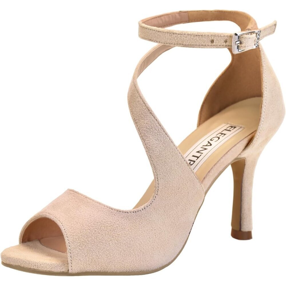 Elegantpark Women Nude Satin Cross Strappy Peep Toe High Heels Sandals Shoes